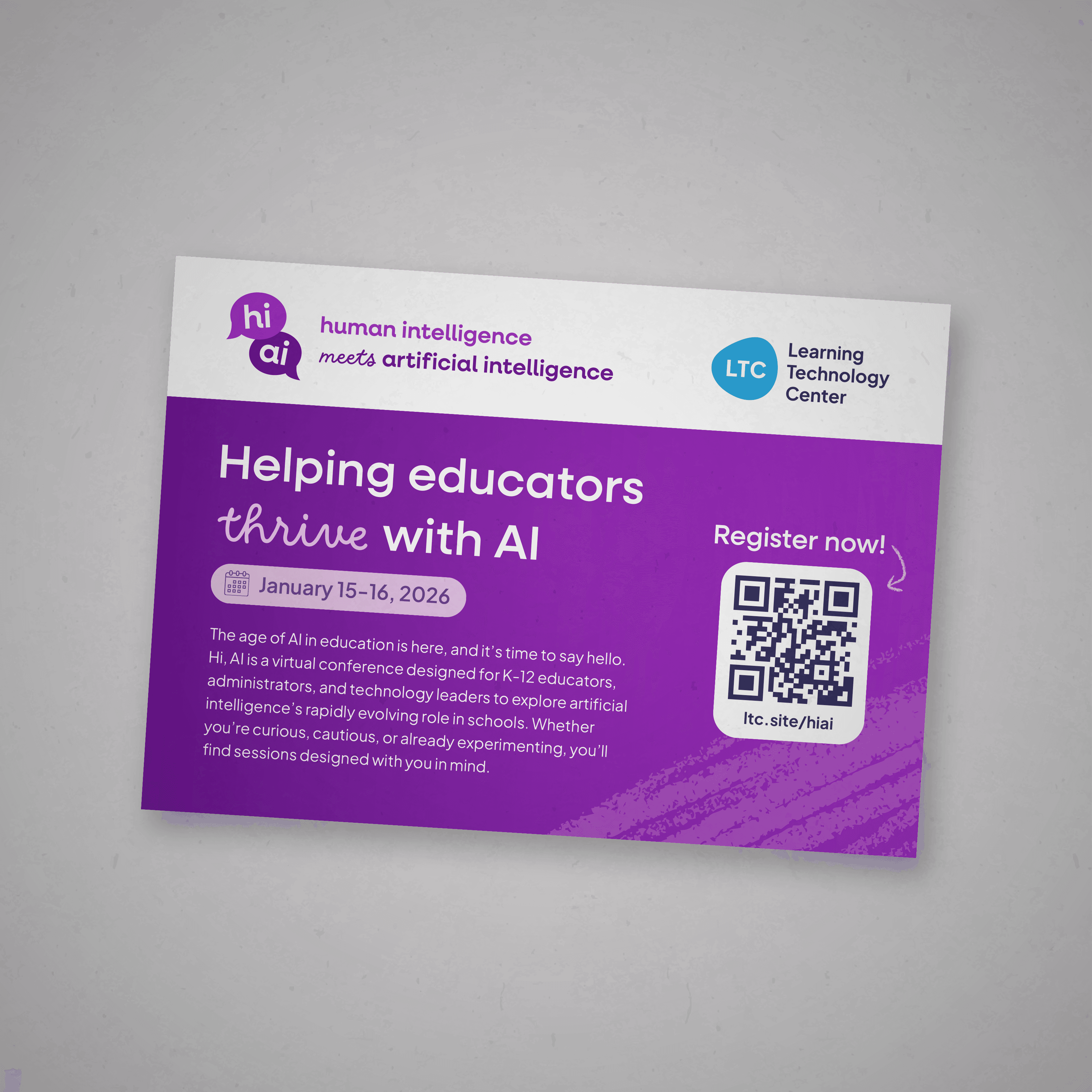 Hi, AI conference promotional postcard